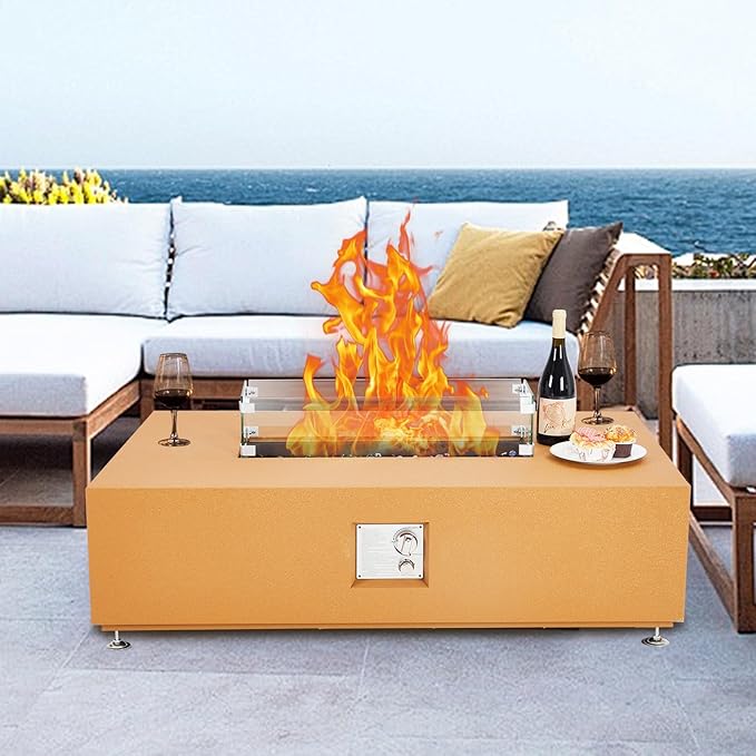 48 Inch Propane Fire Pit Table, 50000BTU Outdoor Rectangular Gas Firepit with Wind Guard, Glass Beads & Rain Cover, Add Warmth and Ambience On Patio Deck Garden, CSA Certified Fire Table, Orange