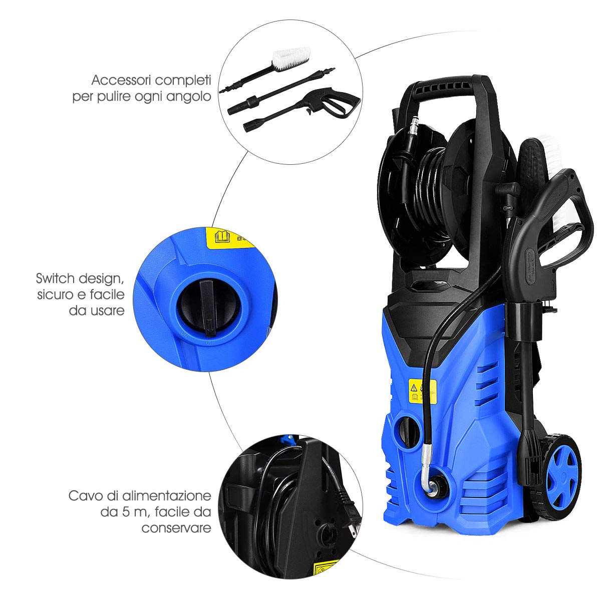 GYMAX Idropulitrice 1500W per Auto, Idropulitrice ad Alta Pressione con Accessori Completi, Idropulitrice Professionale Elettrica, (Blu)