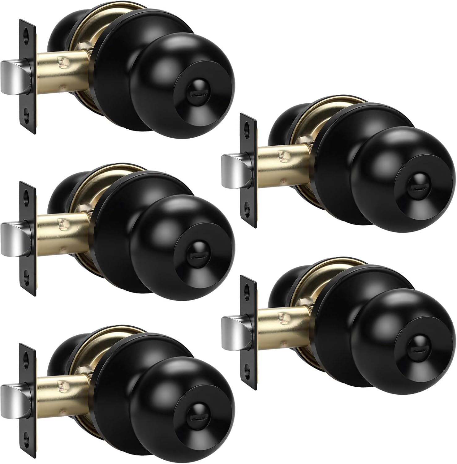 KNOBWELL Matte Black Door Knobs, Keyless Privacy Door Knob for Bedroom Bathroom, Interior Door Knobs with Round Ball Shape Knob, Stainless Steel Indoor Door Knob, 5 Pack