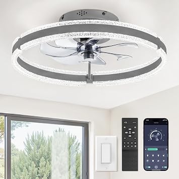 LEDIARY Ceiling Fans with Lights and Remote, 20 Low Profile Ceiling Fan with Light, 3000-6000K Dimmable Fandelier Ceiling Fans, Modern Flush Mount Fan Light for Bedroom with 6 Wind Speeds-Sandy Gray