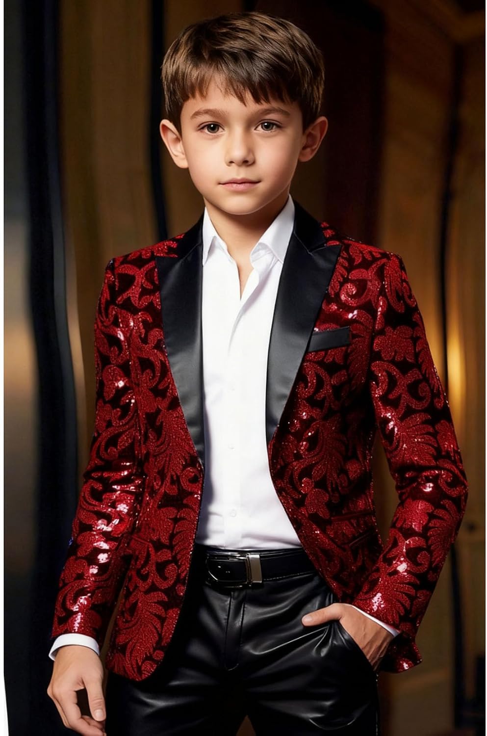VENNYNG Boys Blazer with Floral Sequins 1-Button Notch Lapel Sparkly Jacket Unique Design Party Performance Coat for Kids