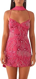 Women Sequin Sparkly Halter Mini Dress with Scarf Y2k Backless Tie Short Dresses Summer Sundress Club Party Night - Buy now