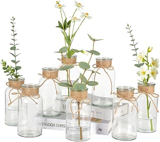 Vintage Glass Flower Vase Set of 8 Clear Vases with Hemp Rope for Farmhouse Wedding Centerpiece Cylinder Bottle for Reception Table Decoration Home Decor Floral Arrangements(Large)
