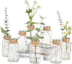 Vintage Glass Flower Vase Set of 8 Clear Vases with Hemp Rope for Farmhouse Wedding Centerpiece Cylinder Bottle for Reception Table Decoration Home Decor Floral Arrangements(Large)