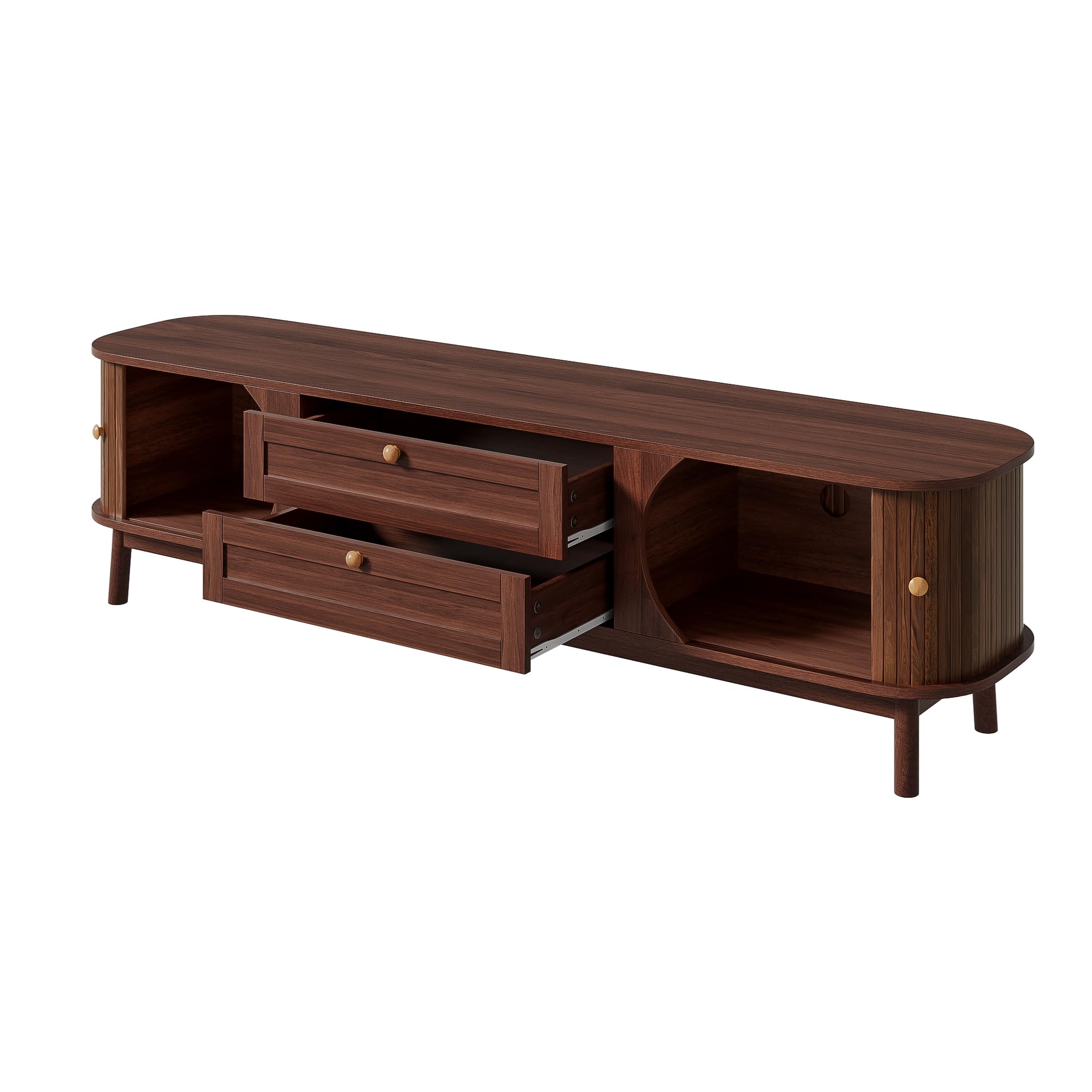 Mueble de TV moderno de nogal con aspecto de madera con cajones y compartimentos de almacenamiento, esquinas redondeadas, patas de madera sólidas, armario de TV con espacio de almacenamiento