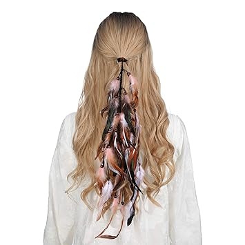Hippie Feather Extension Hair Ties - AWAYTR Boho Feather Crown Elastic Gypsy Festival Headband Indian Hair Accessories 1970s (Pink + brown)