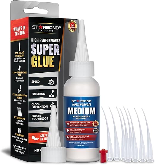 Starbond Medium Super Glue Pro Kit (2 oz) – Strong, Fast-Bonding CA Glue (Cyanoacrylate Adhesive) – with Clog-Resistant Cap, Microtips & Extra Nozzle for Quick Fixes, Woodworking, Hobby Models