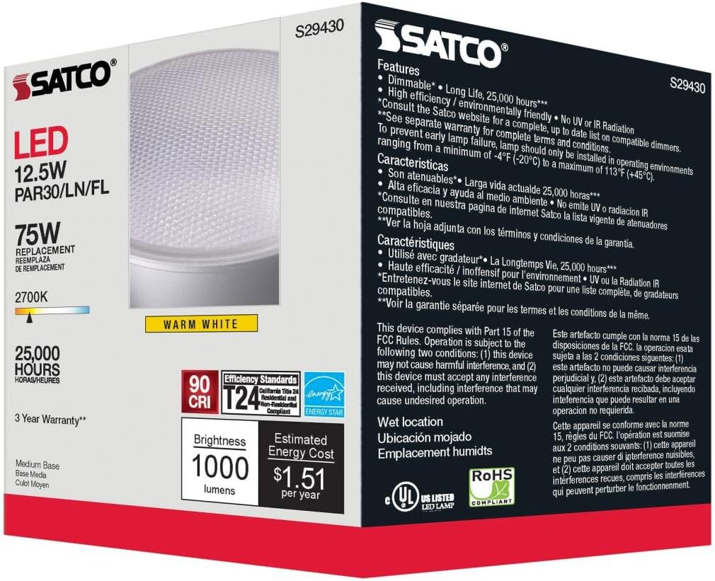 Satco S29430-12.5 Watt PAR30LN LED Bulb; 2700K; 20 Volt