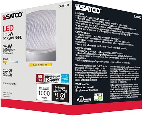 Miniatura 3 de Satco S29430 12.5PAR30LNLED40'927120V, 12.5 vatios LED PAR30LN 2700K ángulo de haz de 40 grados base media 120 voltios para el hogar, oficina,