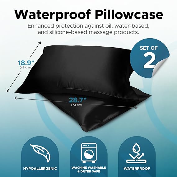 Waterproof Pillow Protectors, Set of 2, Snug Fit 48 x 73 cm (19 x 29 inches), Soft Fabric (Not Vinyl) Black Pillowcase Covers, Envelope Closure, Hypoallergenic, Machine Washable