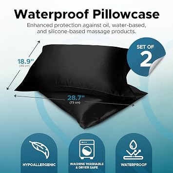 Waterproof Pillow Protectors, Set of 2, Snug Fit 48 x 73 cm (19 x 29 inches), Soft Fabric (Not Vinyl) Black Pillowcase Covers, Envelope Closure, Hypoallergenic, Machine Washable