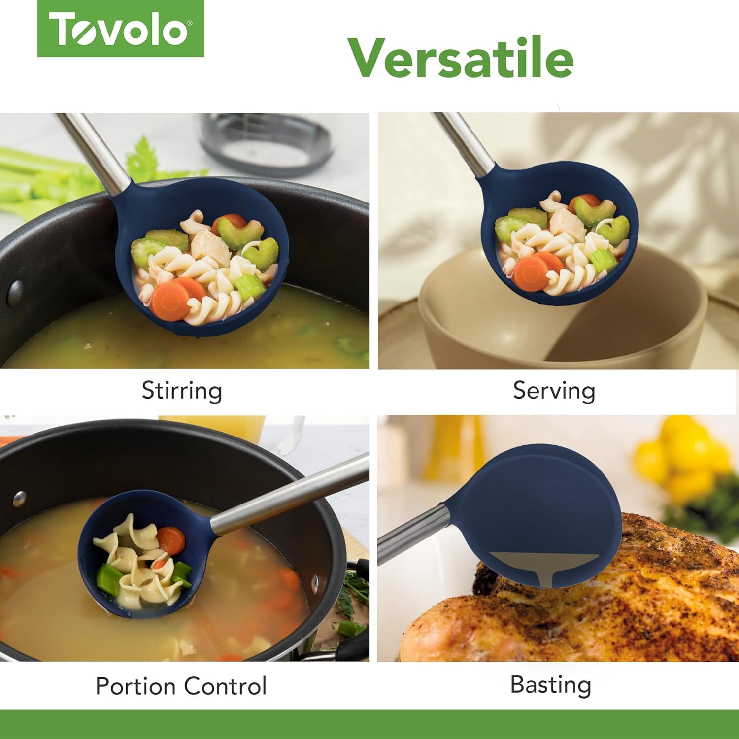 Tovolo Cucharón de silicona con mango de acero inoxidable, cucharón profundo para cocinar enlatado, servir sopa, ponche, salsa de estofado, cuchara grande para utensilios de cocina, apto para