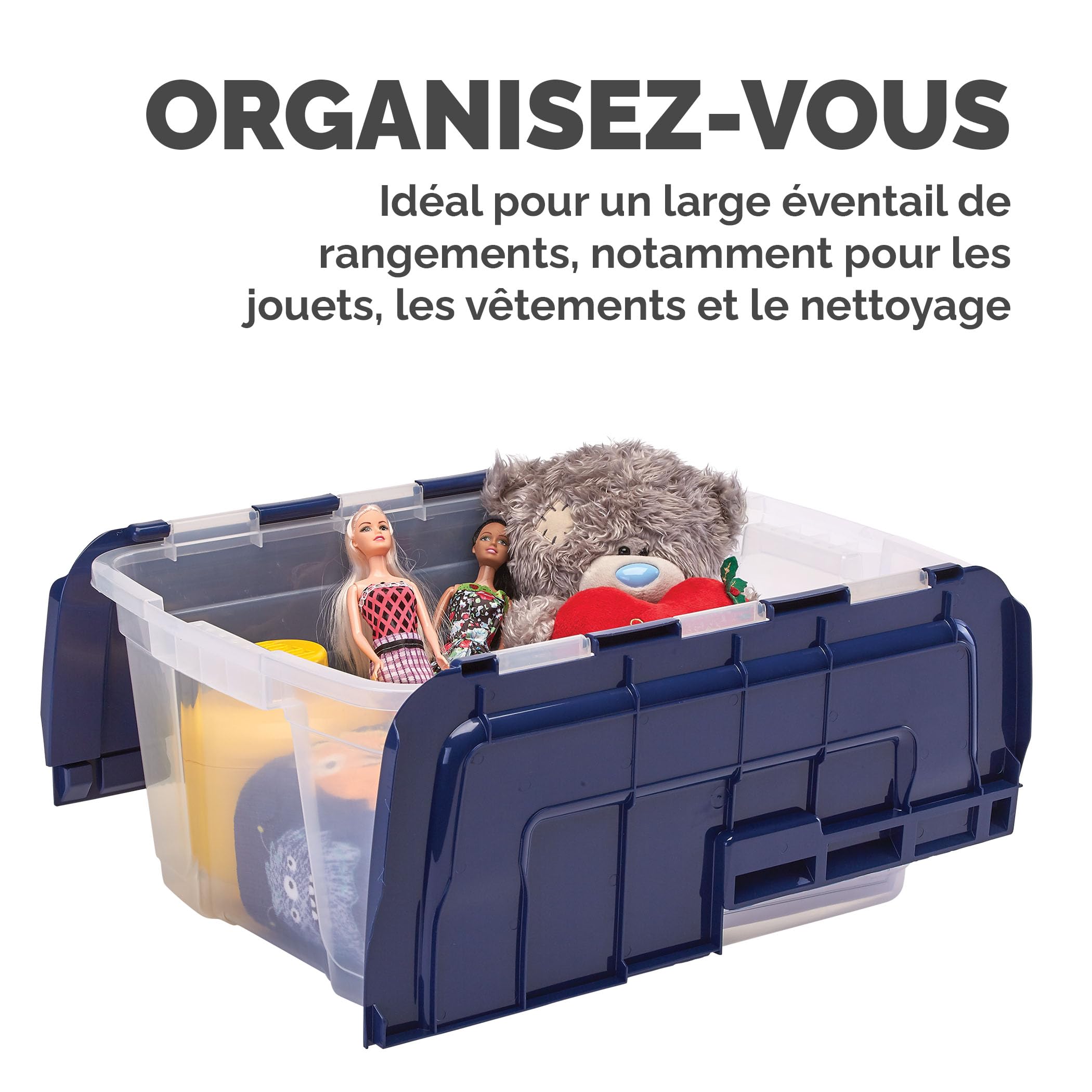 BANKERS BOX 45L Boîte fourre-tout en plastique, pack de 3, Polypropylène sans BPA, couvercles 100% recyclés, emboîtables et empilables, couvercle fendu, 28x43x59cm, polyvalent pour maison et bureau