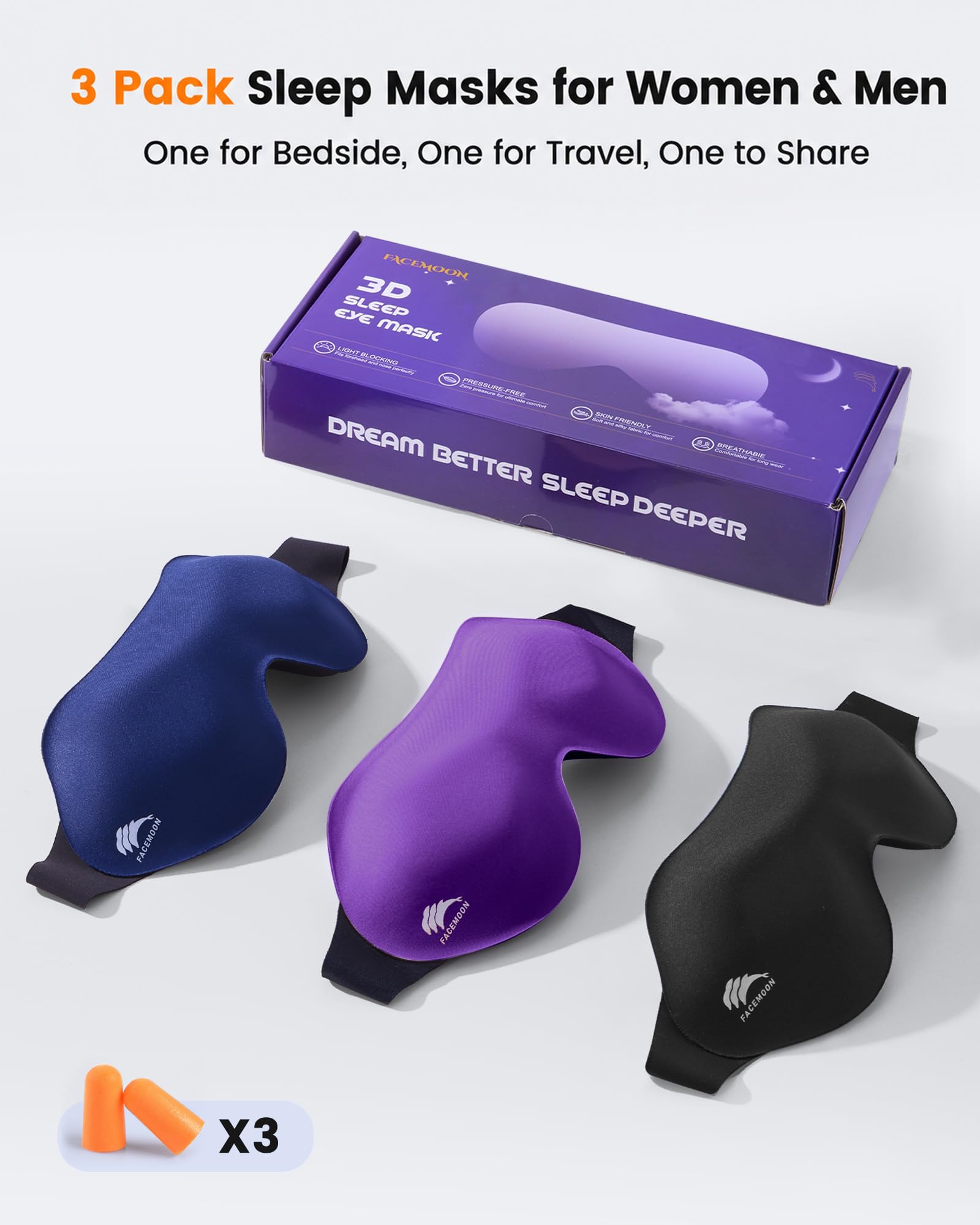 Paquete de 3 máscaras de dormir para dormir de lado, máscara de ojos 3D opaca para dormir, cero presión ocular, apto para pestañas, cubierta suave ajustable para mujeres y hombres, para viajes | 3D cero presión ocular, apto para pestañas, ajustable, suave