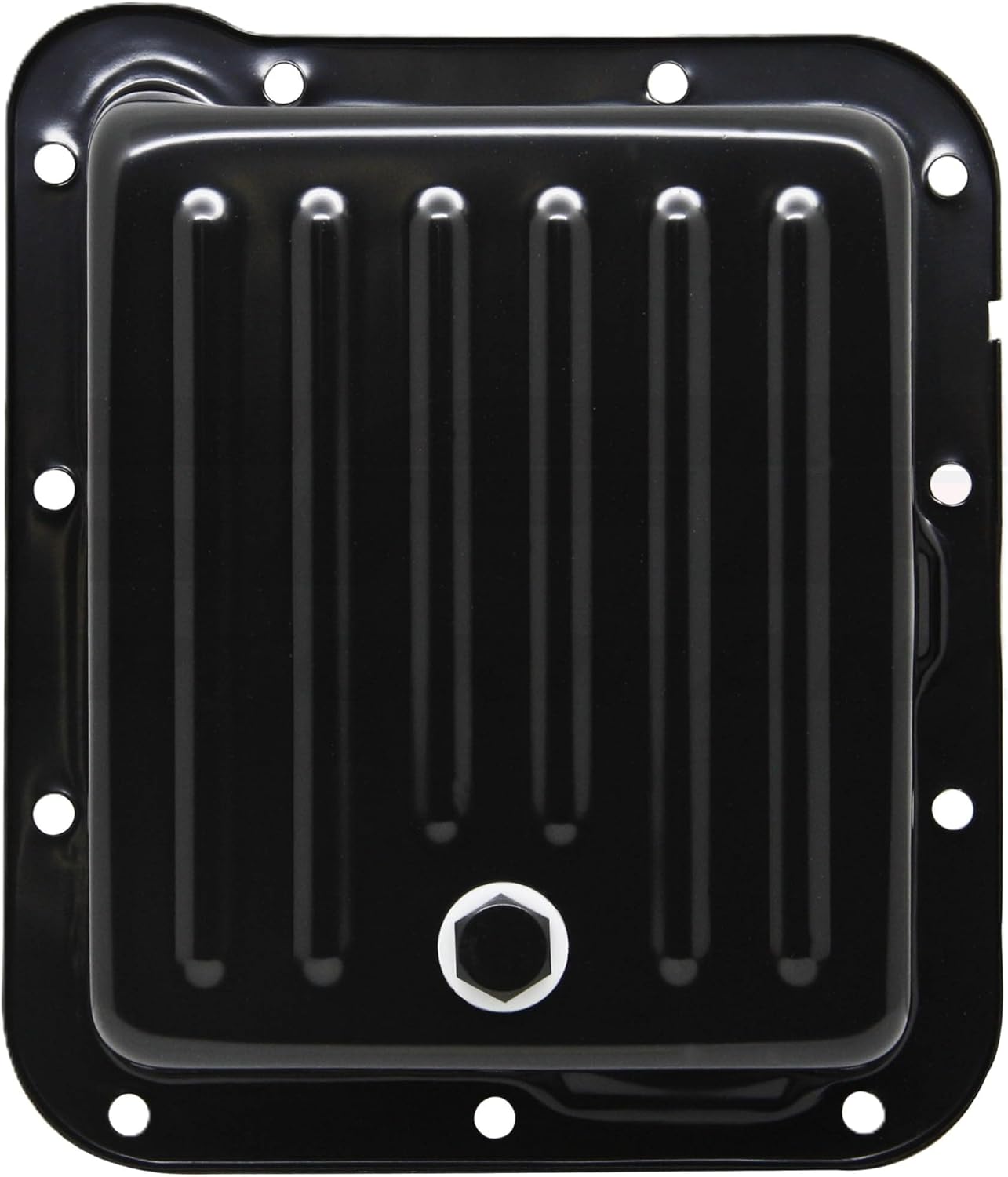Steel Stock Capacity Transmission Pan – Fits Ford C4 (Case Fill Style) – Black Finish, Finned Design