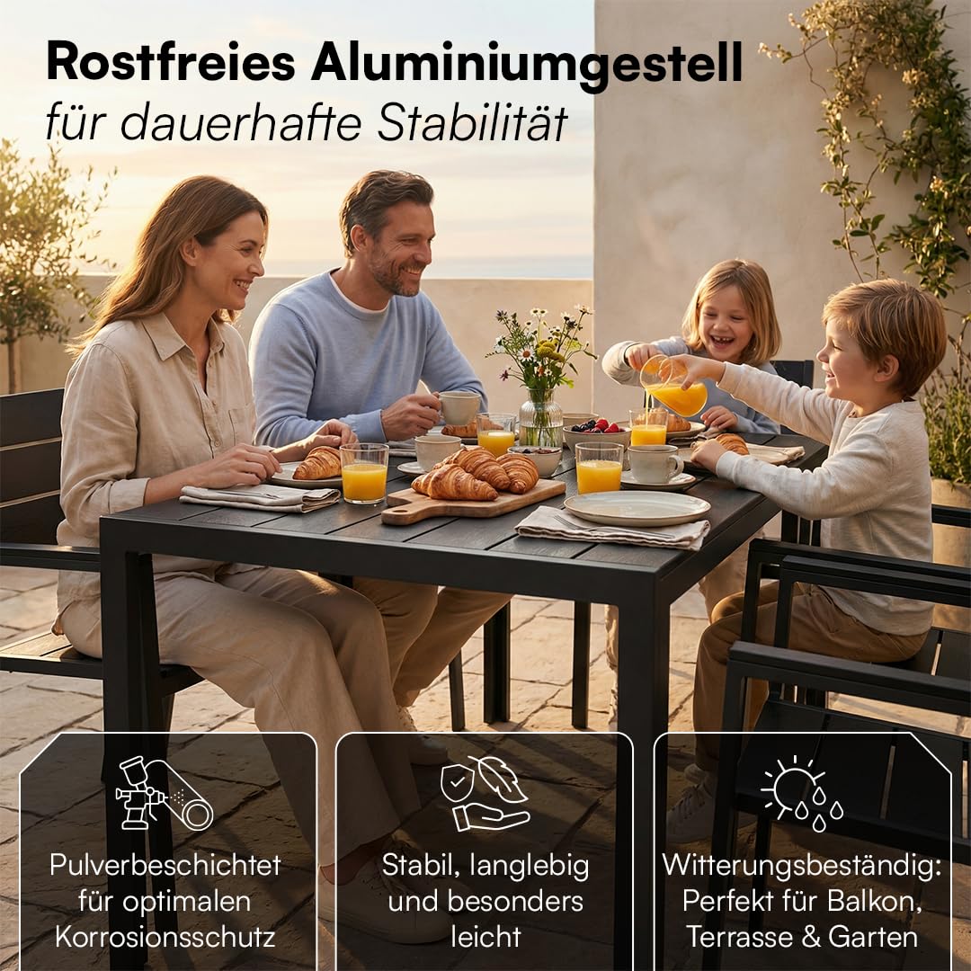 STEELSØN Alaris Gartentisch 115x71 cm – Esstisch Garten für 6 Personen – Balkontisch mit Metallgestell, Schwarz – Outdoor Tisch für Balkon – Terrassentisch mit Kunstholz Tischplatte UV- & wetterfest