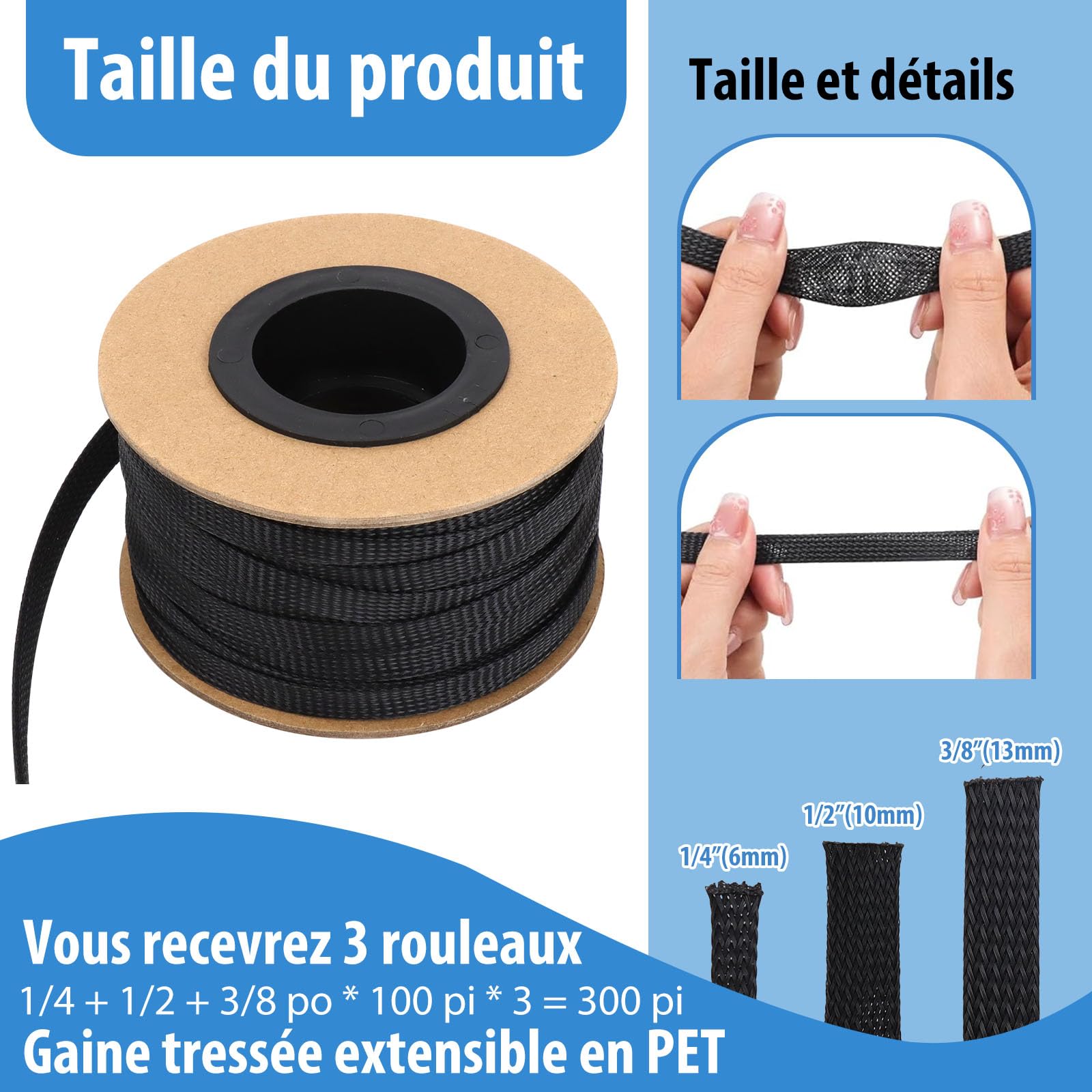 3 Rouleaux de Gaine Câble Tressée en Pet, 91,5 m, 6/10/13 mm