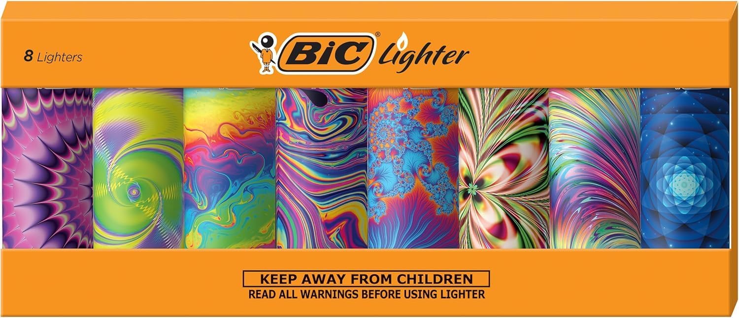 BIC Maxi Special Edition Pocket Lighters Psychedelic Designs, Child-Resistant Long-Lasting 8-Pack for New Year Candle Lighting