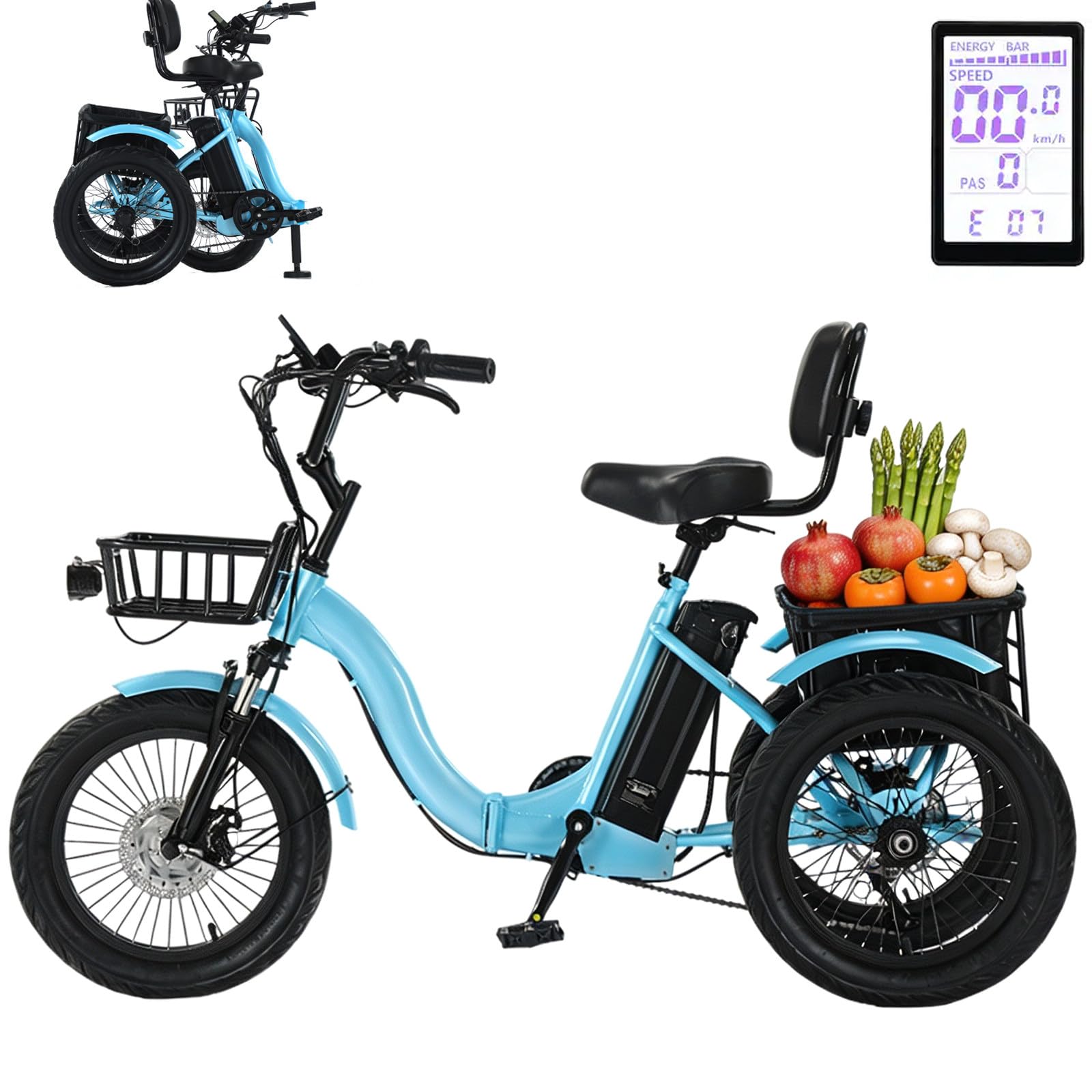 BuilfutenM Cargo Electric Tricycle for Adults Tricycle Bike Pedal Bike Fat Tyre with Basket Easy Climbing Load Capacitay Fat Tire for Adults,Comfortable Rides 18Inch-Blue