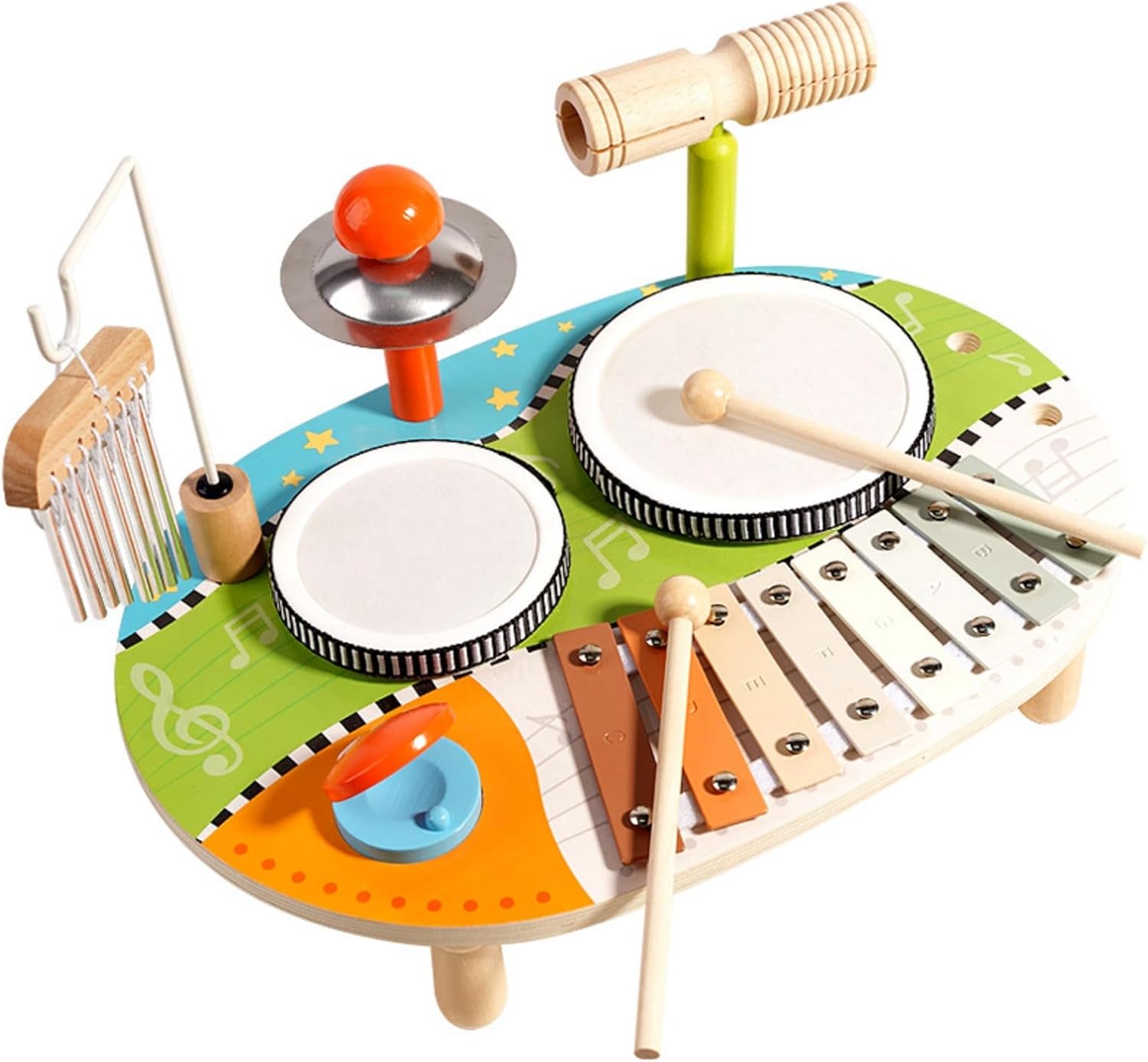 Interactive Childrens Percussion Set with Drum Xylophone & Wind Chimes Educational Family Wooden Kids Drum Set