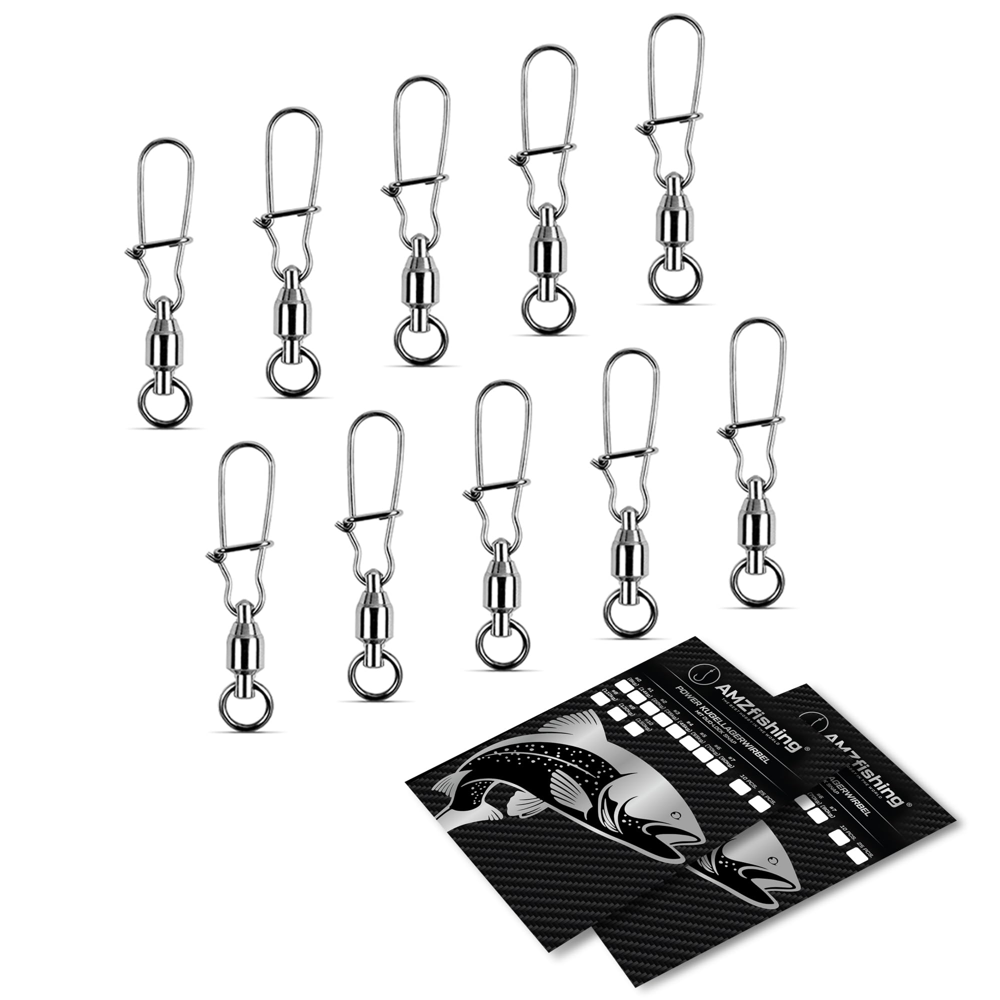 AMZfishing® 10x o 25x Girelle a cuscinetto con Fast-Lock in 11 dimensioni | Girelle con moschettone per pesca | Set di girelle da pesca | Girelle per pesca Girelle da acqua salata