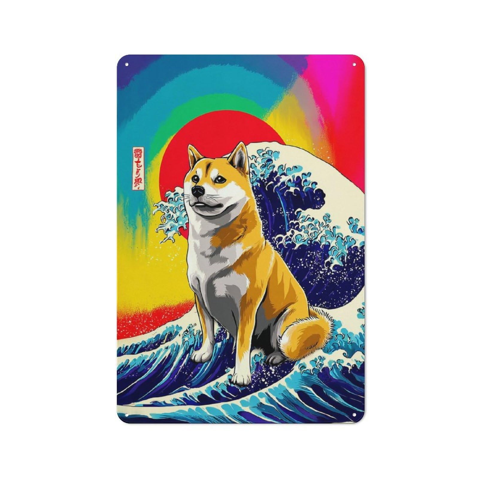 Shiba Inu Riding A Wave Rustic Metal Sign 30x20cm for Hobby Room Or Studio, Suited to Hobby Room Decor Fans