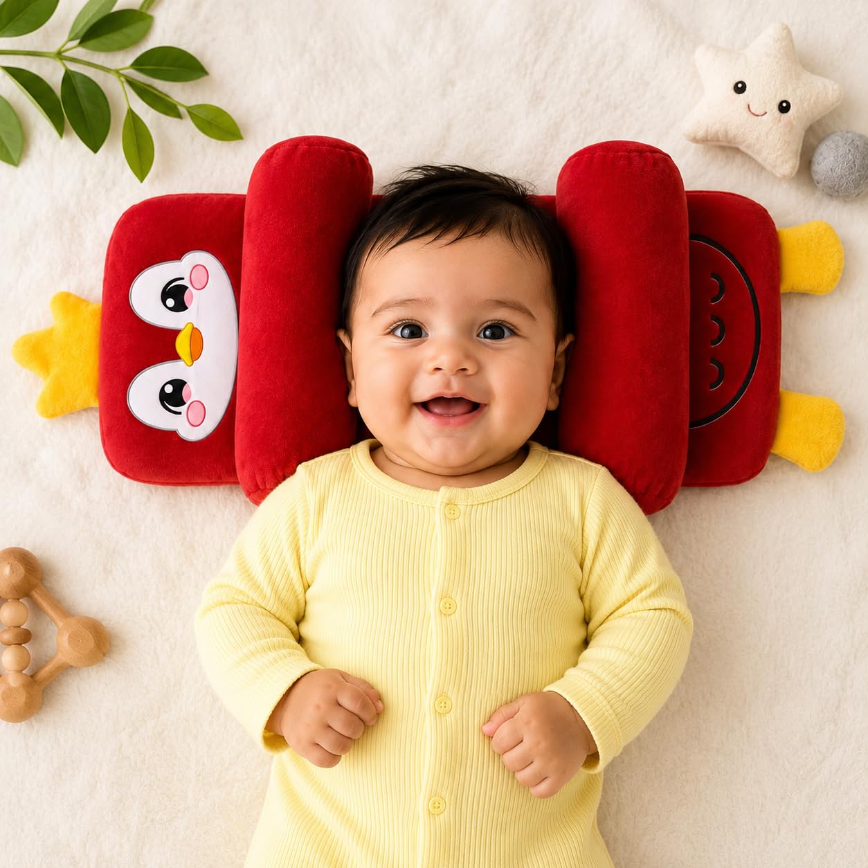 ZOZO SALES Cute Cartoon Baby Pillow Cushion with Adjustable Side Rollers | Penguin Design | 0–12 Months