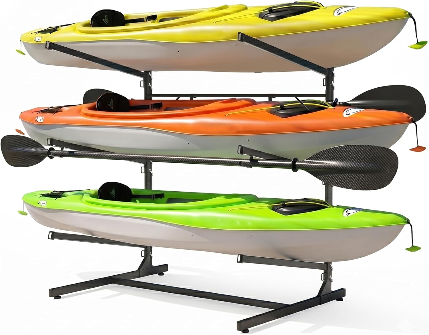Faesun 3-Tier Kayak Storage Rack, Freestanding Kayak Rack with Paddle Hook, Adjustable Heavy Duty Kayak Stand with Ground Pegs, Storage Rack for Kayak, Canoe, Surfboard & Paddleboard