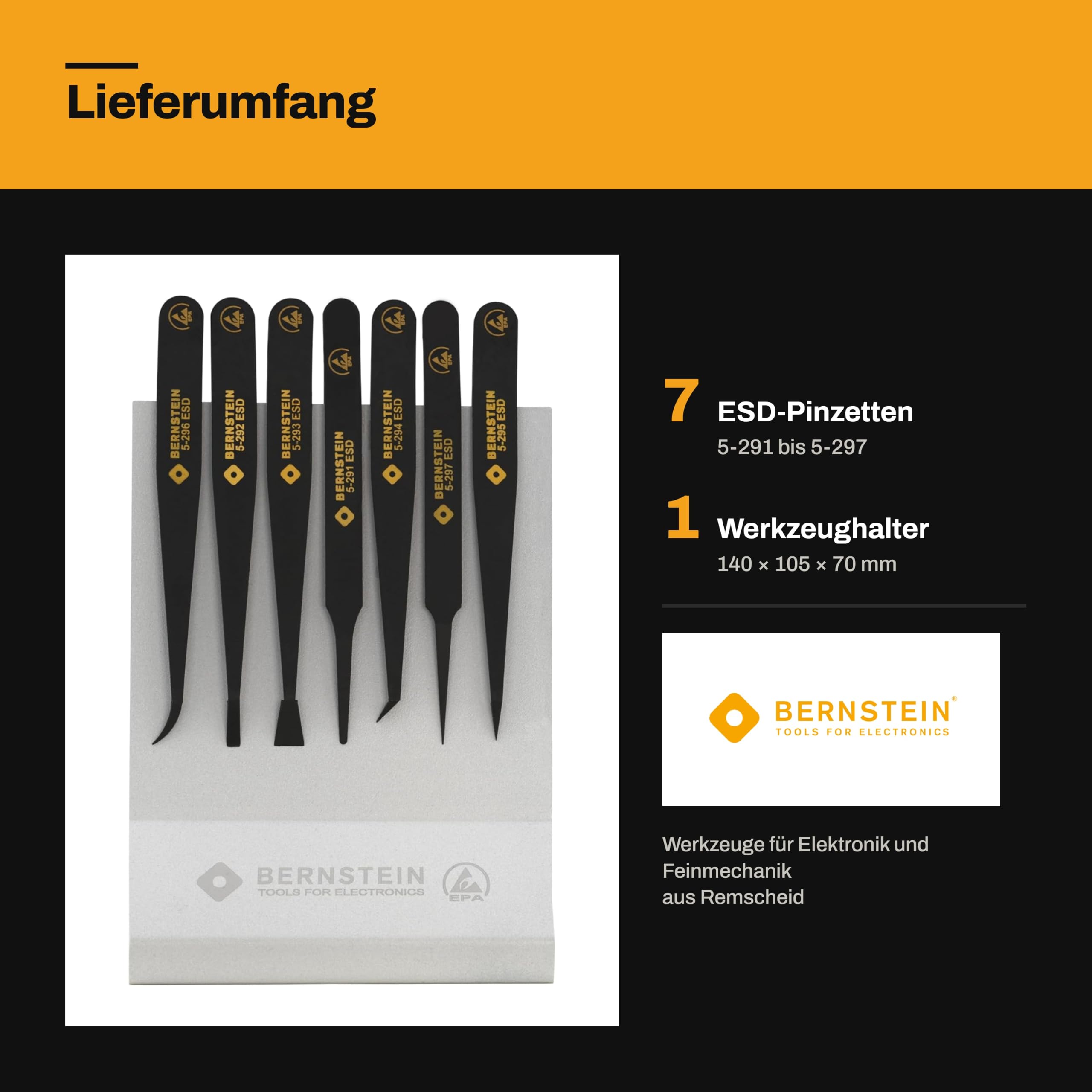 Bernstein ESD Set di 7 pinzette in plastica antistatica, pinzette di precisione per applicazioni di elettronica e laboratorio con supporto, pinzette a punta