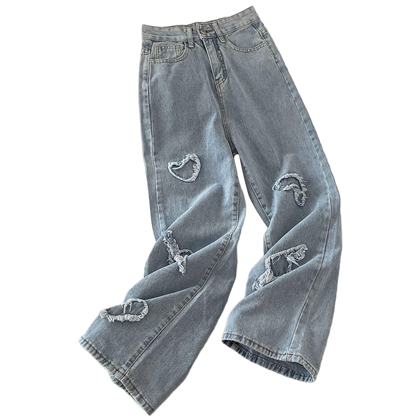 Girls Jeans Wide Leg Baggy Denim Pants Elastic Waisted Trouser Children Distressed Pants with (Blue, 13-14 Years)