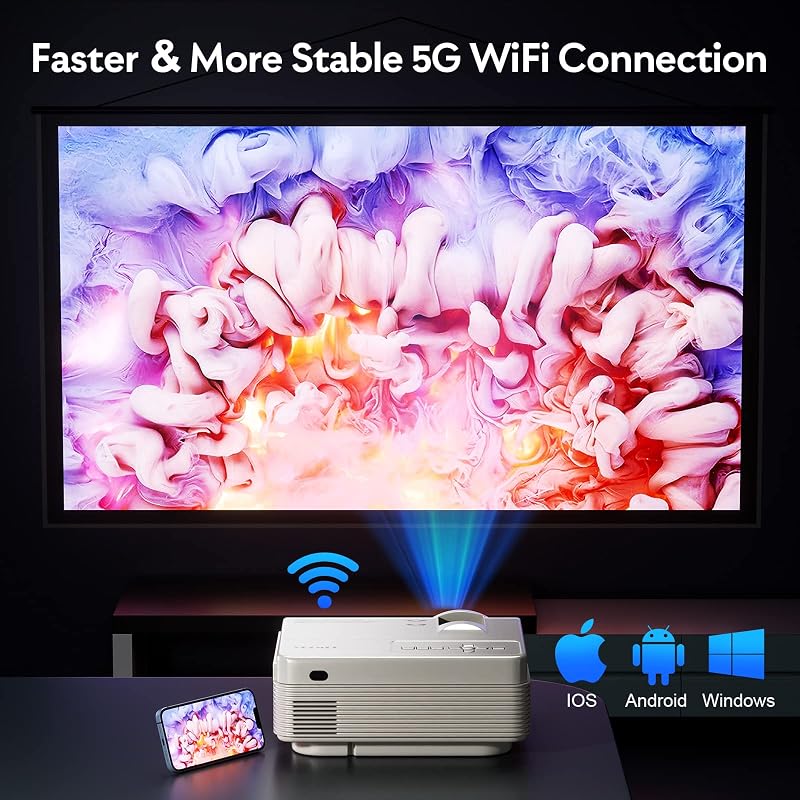 YEZMEK Projektor 5G WiFi Bluetooth Native 1080P Full HD, Mini LED Projektor 4K Támogatás, Hordozható Házimozi Projektor