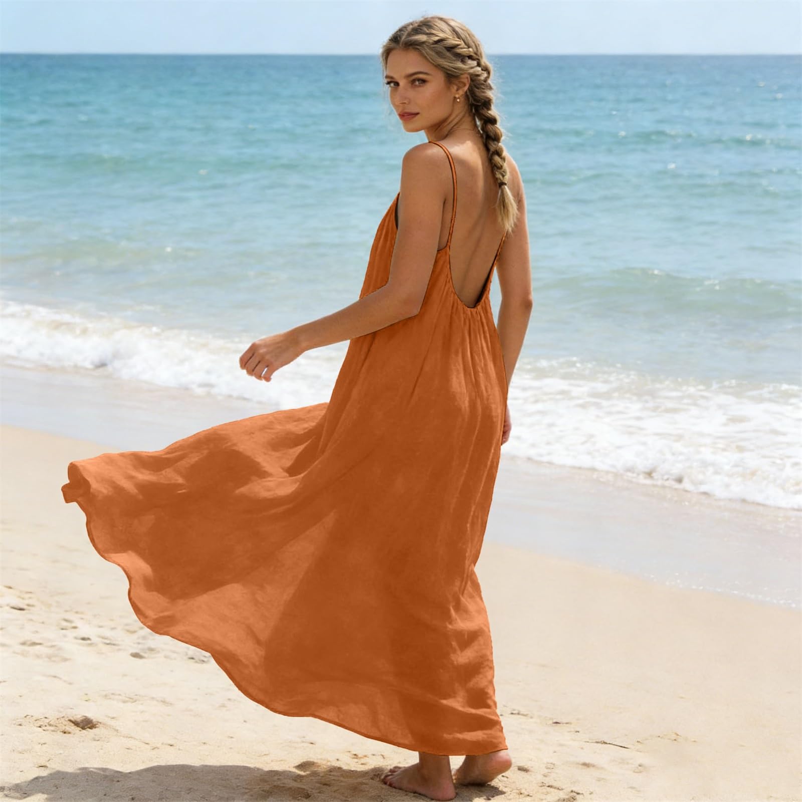 Vestido de verano de algodón para mujer, largo hasta la rodilla, muselina, vestido maxi de verano, tirantes descubiertos, ligero y aireado, vestido informal con cordón, vestido de casa, tirantes