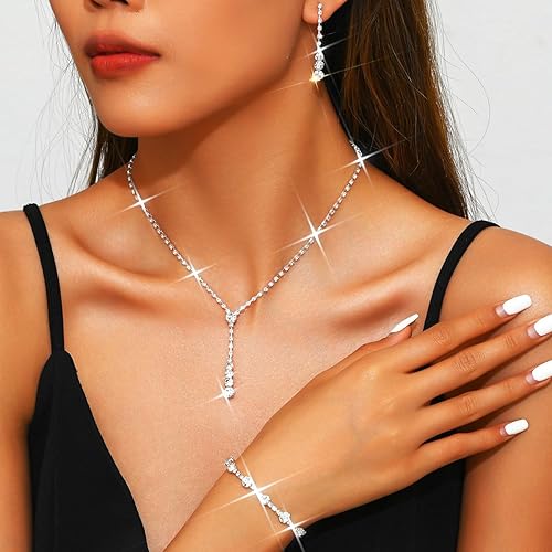 Miniatura 5 de Unicra - Juego de collar y aretes de novia de plata con diamantes de imitación, conjunto de joyería con gargantilla de cristal para boda