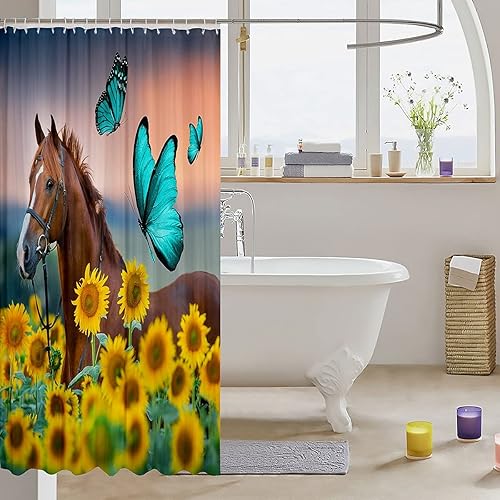 Miniatura 3 de Cortina de ducha de caballo amarillo con girasoles, para niños y niñas, mujeres, juego de baño 3D de caballo salvaje, decoración de mariposa verde