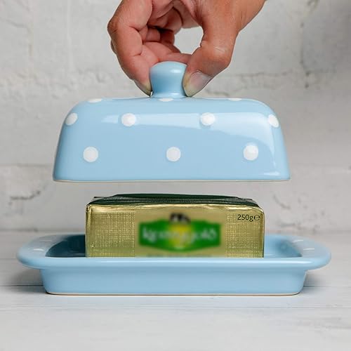 Miniatura 4 de Mantequillera europea hecha a mano con tapa  Mantequillera de cerámica de lunares azul cielo claro y blanco  Regalo de inauguración de la casa por