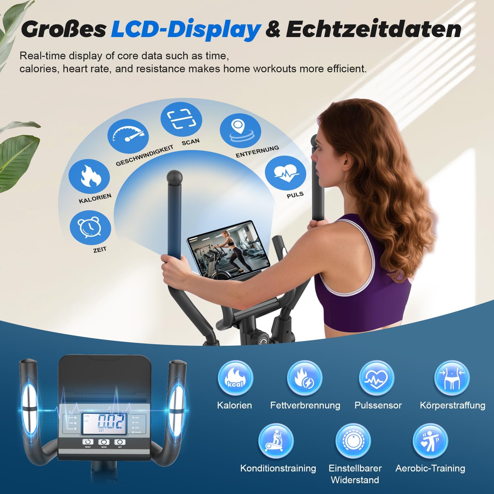 Crosstrainer, 3-in-1 Ultraleiser Crosstrainers mit 16 Widerstandsstufen, 8 kg Schwungrad, 16,5 Zoll Schrittlänge, LCD-Display, Belastbar Bis 150 kg, Ellipsentrainer für Zuhause