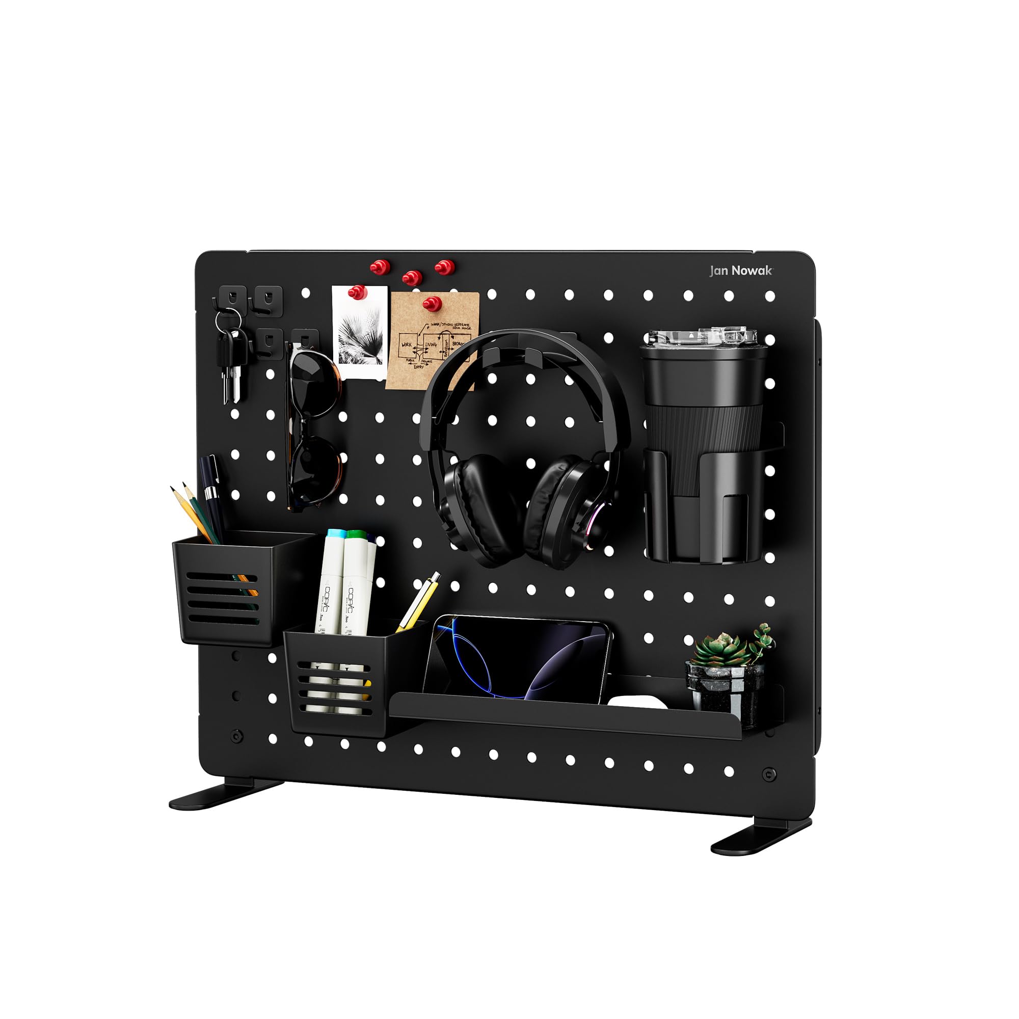 Jan Nowak pannello forato da scrivania in metallo 51,5 x 42 x 1,3 cm pegboard organizer ufficio con mensola portapenne ganci magneti sistema modulare