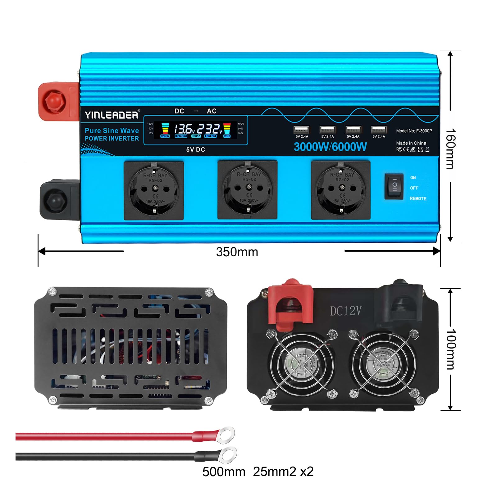 Inversor de Corriente Onda Pura 3000W Transformador De 12v A 230v con 3 Tomas de CA y 4 x USB LCD, Control Remoto inalámbrico