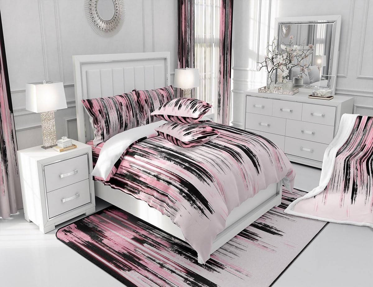 Feelyou Pink White Black Decorative Carpet Kids Stripes Living Room Rugs Geometric Accent Rug for Modern Abstract Art Decorative Rug Area Rug 3x5