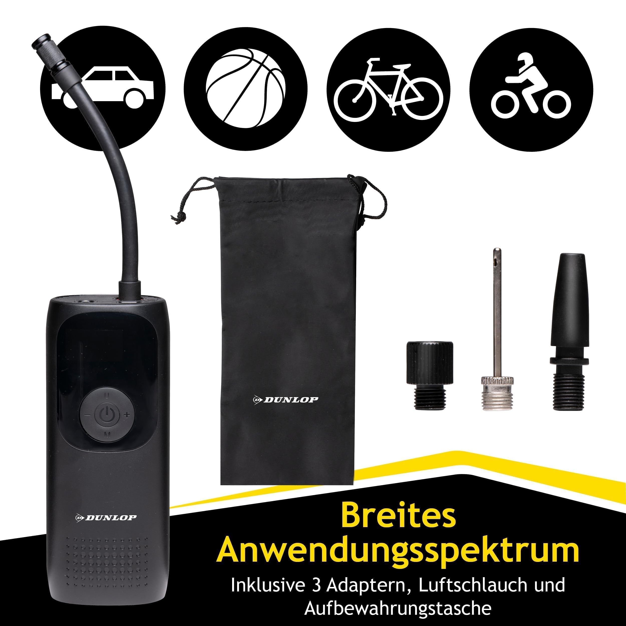 Compresseur D'air Portable Dunlop 150 PSI - Écran Numérique, Batterie USB-C, Lampe LED - Pour Voiture, Vélo, Ballon