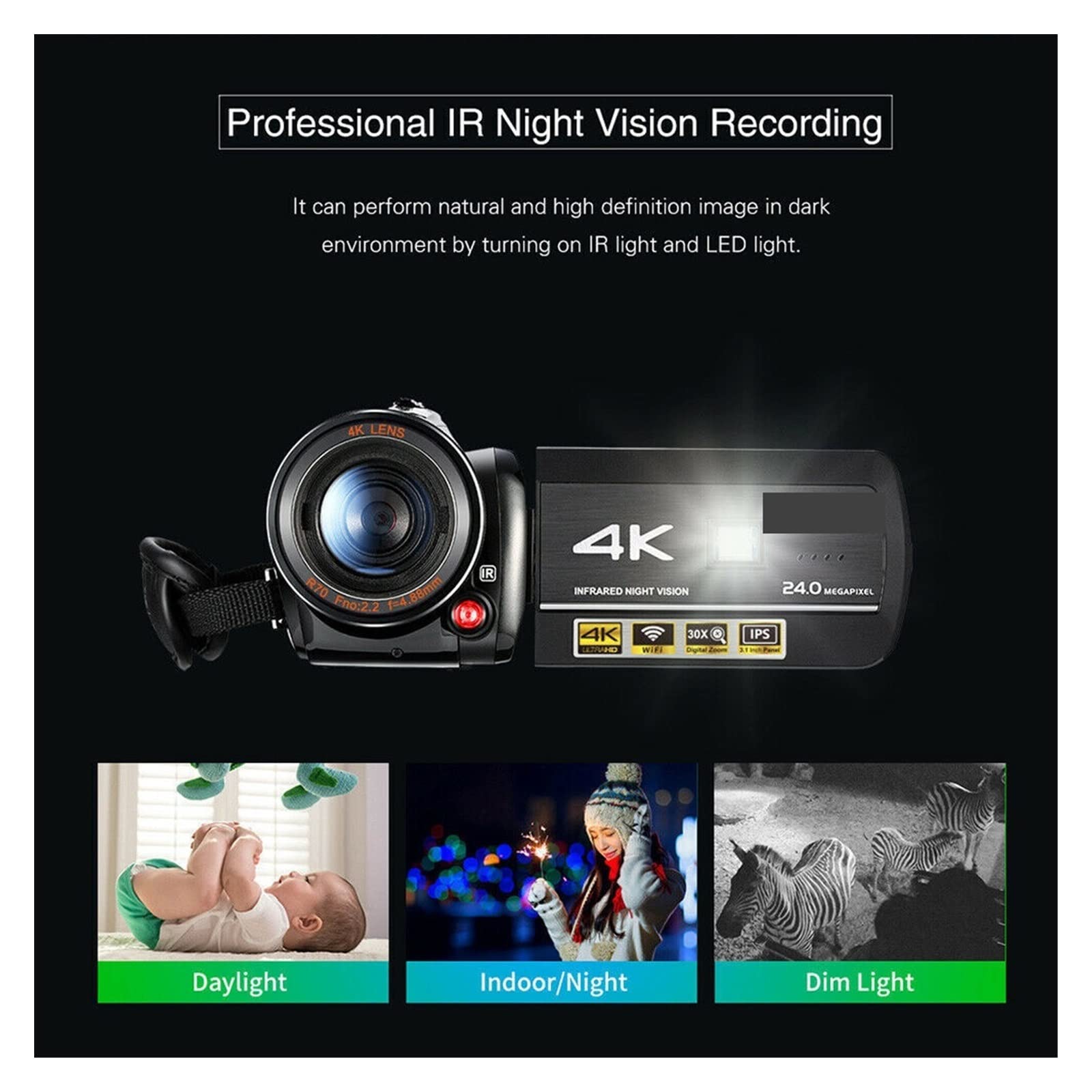 Caméra vidéo Caméscope Caméra vidéo Caméscope 4K Zoom numérique 30X IR Vision nocturne Vlogging Caméra Blog Kit standard