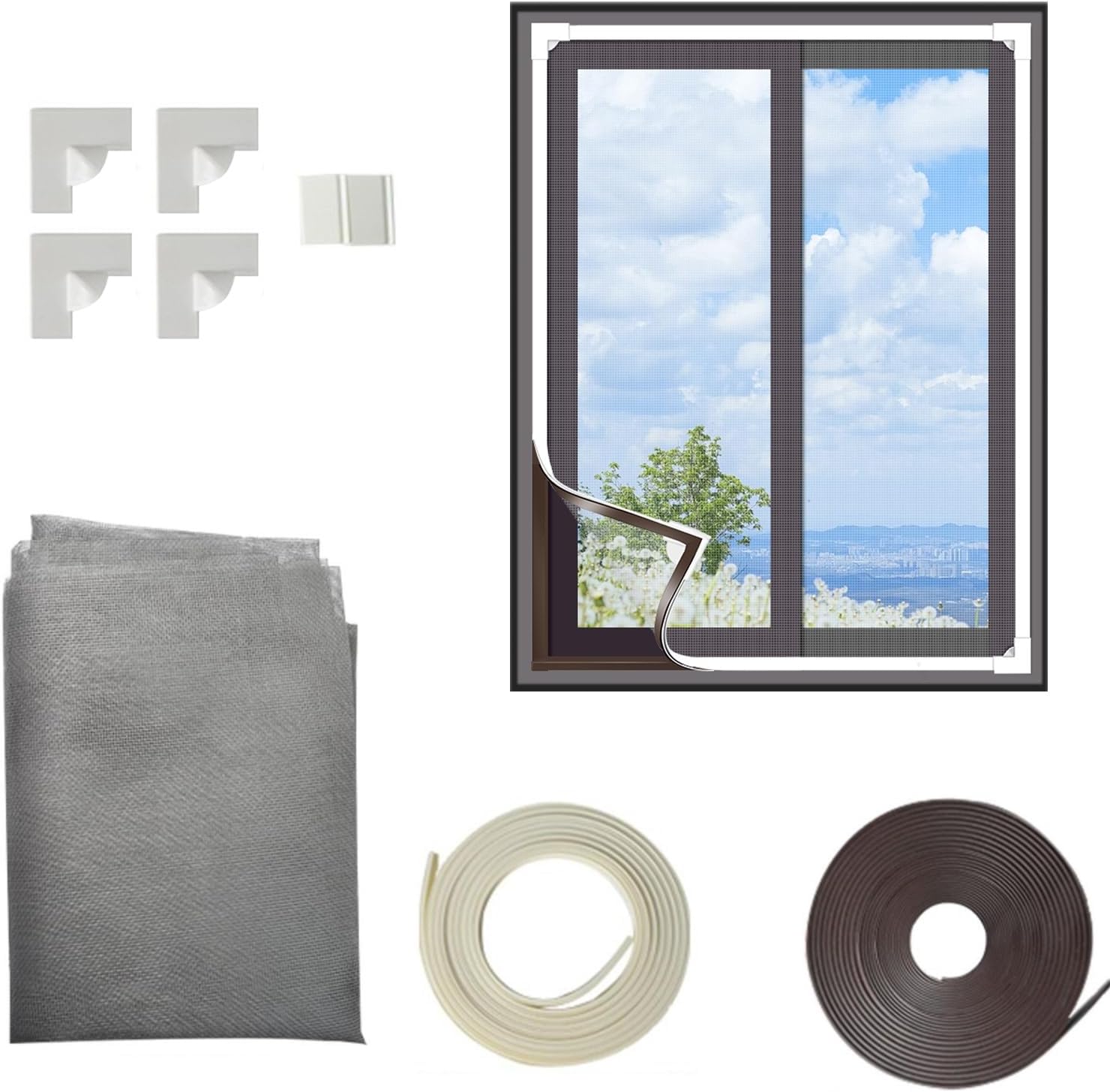 Magnetic Window Screen Adjustable DIY Window Net White Frame Gray Fiberglass Mesh for Sliding Window, Casement Window, Toilet Window(0.9 * 1.35m/2.9 * 4.4ft)