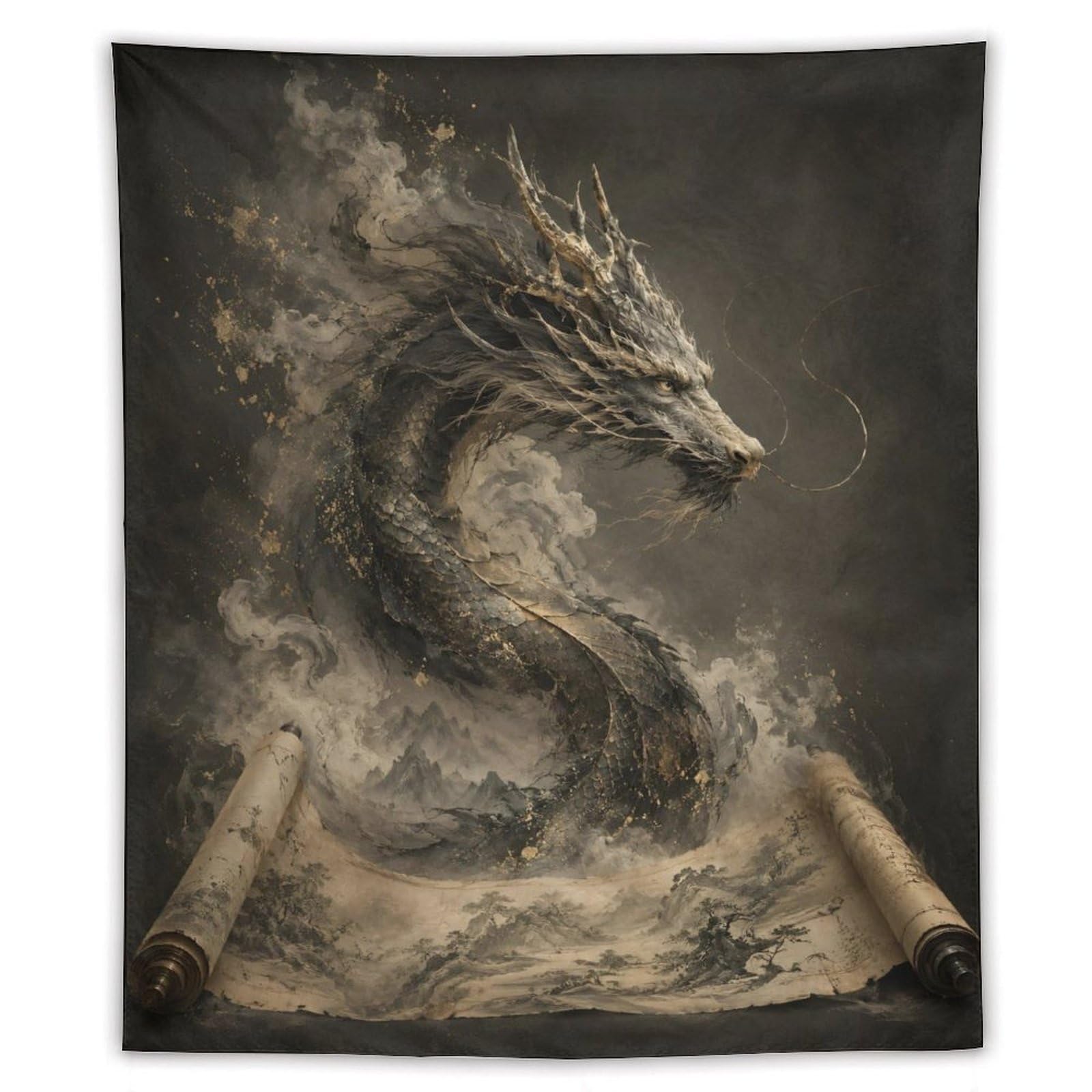 W7C8U2X3 Dragon Emerging from Scroll Wall Tapestry, Surrealist, Dorm Room