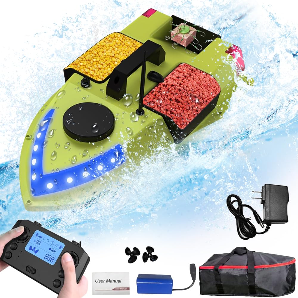 OBEST Bateau d'appât Télécommandé avec GPS, 600M RC Bateaus Nuit LED Pêche,3 Cabines 1.5 kg Chargement Bait Boat, Retour Intelligent, Faible Protection Batterie, Pêche Bateau à Double Moteur, 5200mAh