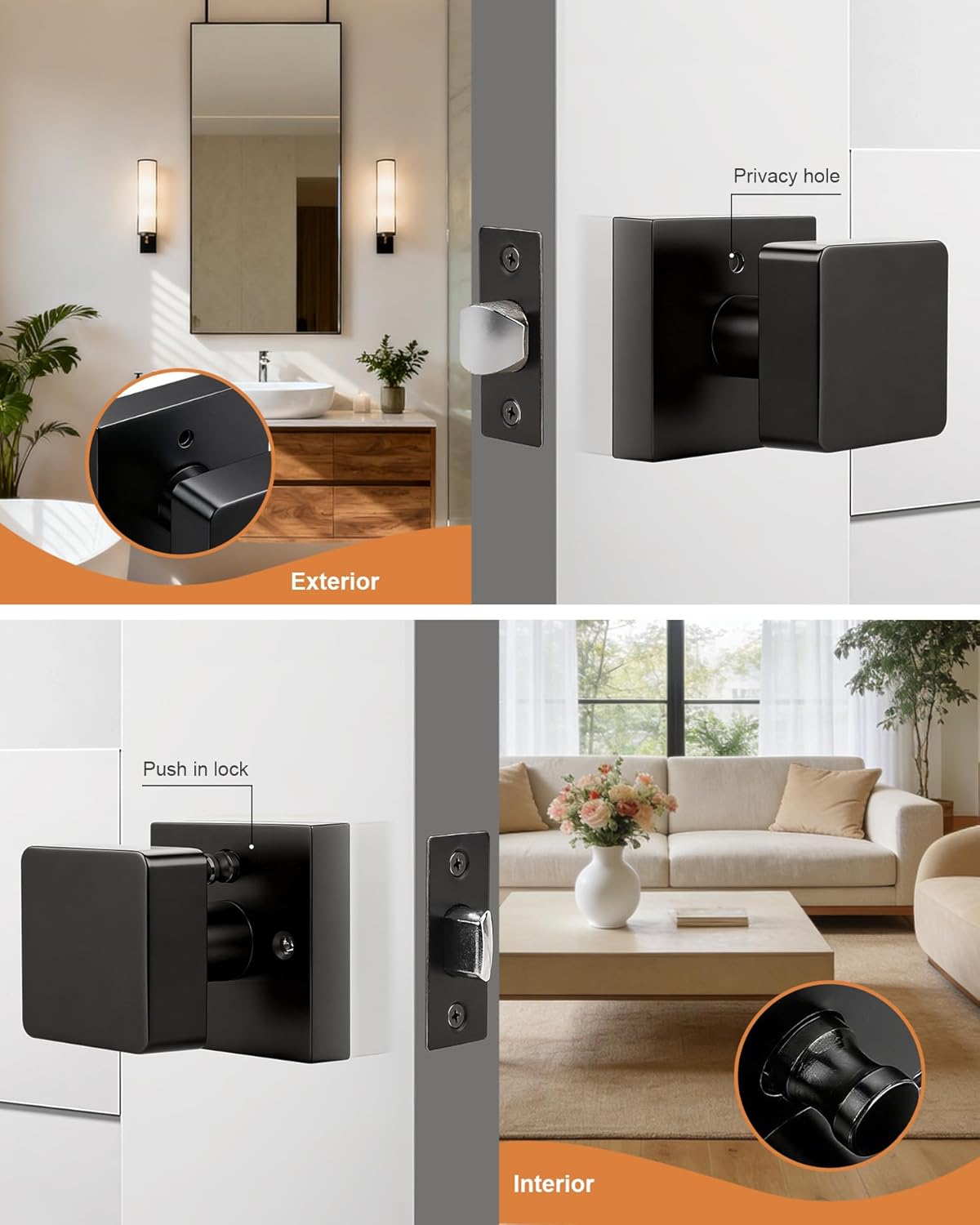 Probrico 6 Pack Black Square Door Knobs, Modern Heavy Duty Design Door Handle for Bedroom Bathroom, Keyless Privacy Interior Door Knob with Lock