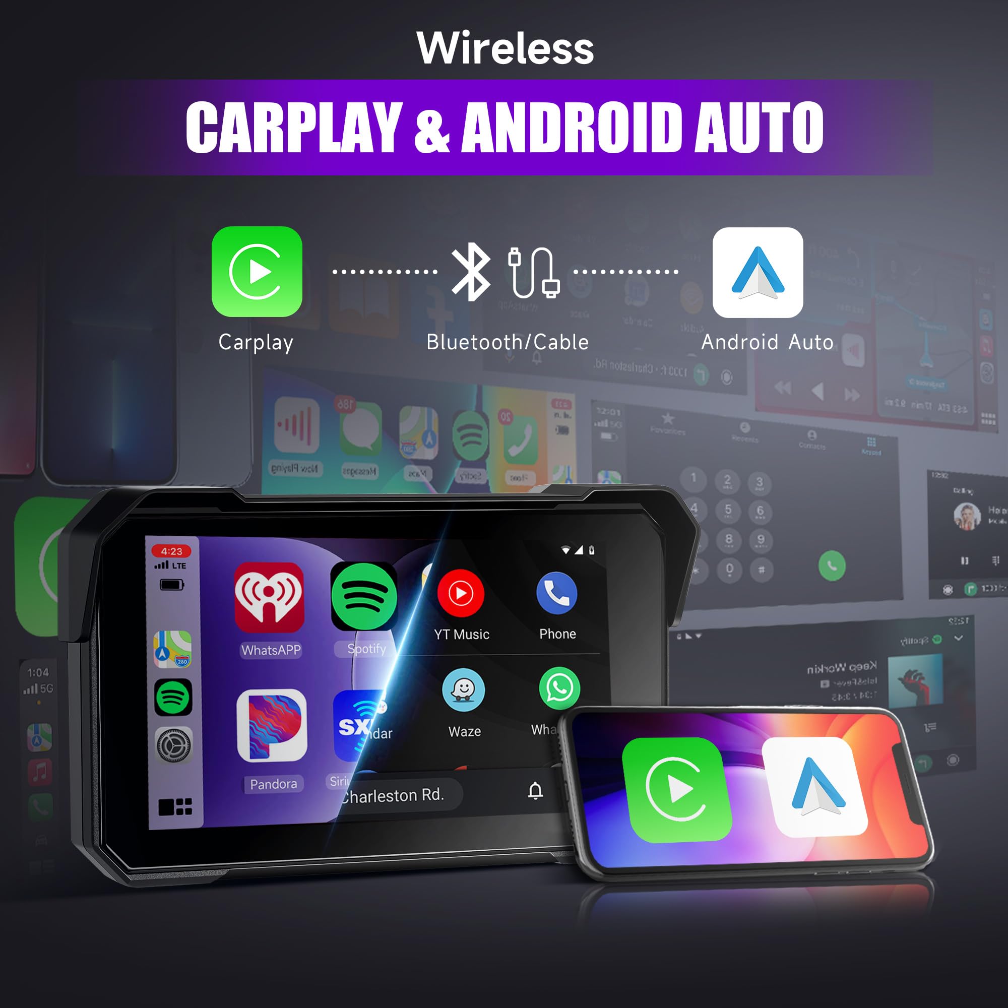 Rimoody Carplay Senza Fili Schermo per Moto 5 Pollici Touchscreen Autoradio Portatile per Moto, IP68 Impermeabile con Android Auto Bluetooth Rilevamento Della Pressione Degli Pneumatici 12V