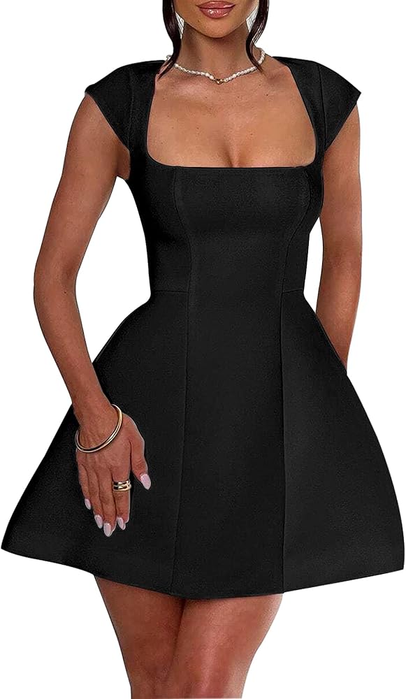 ワンピース SQUARE-SLEEVES DRESS Amazon.com: LuFeng Women's Square Neck Cap Sleeve Fully Lined Mini