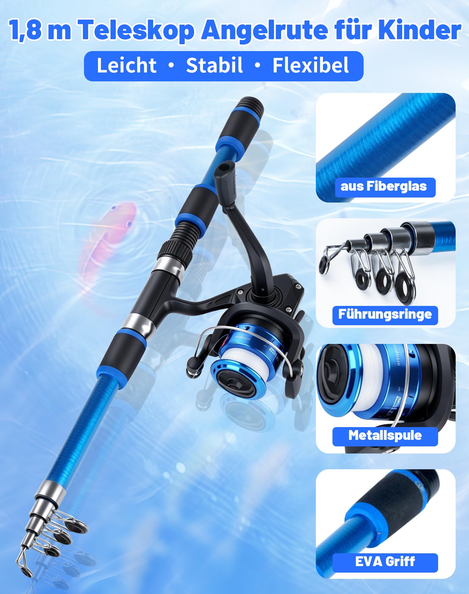 Set de Pêche Enfant 1,8 m – Canne à Pêche Télescopique avec Moulinet, Kit Complet pour Débutants, Sac de Transport Inclus