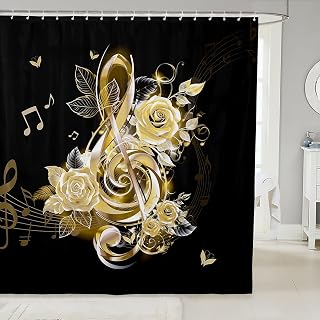Feelyou Yellow Music Note Shower Curtain 72"x72" Couple Rose Floral Bathroom Shower Curtain Set for Girls Women Lover Valentine's Day Bath Curtain Romantic Musical Bathroom Accessories