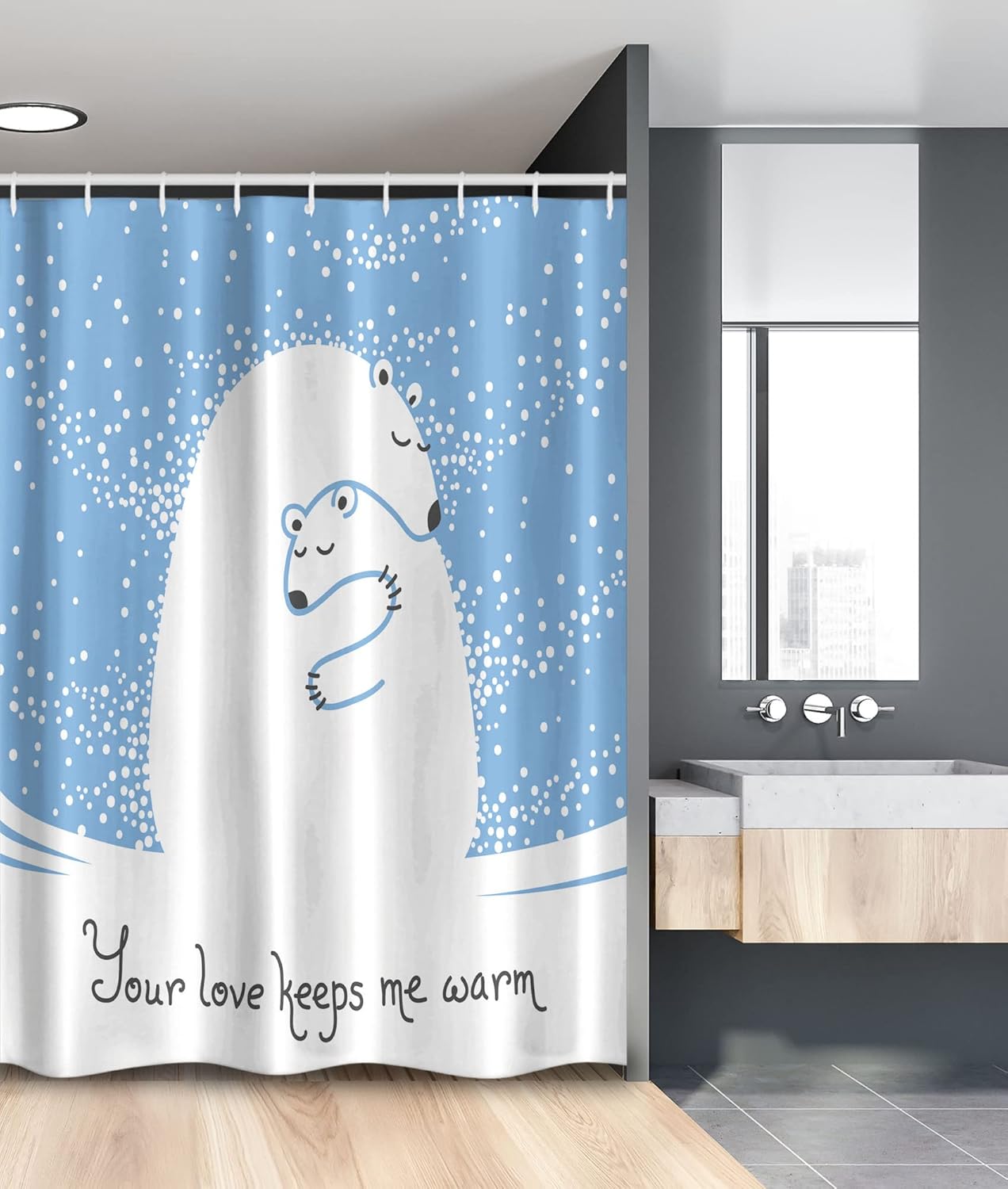 Ambesonne Animal Stall Shower Curtain, Mother Polar Bear Hugging Her in The Snow North Winter Love Keeps Warm Art, Fabric Bathroom Decor Set with Hooks, 54" W x 78" L, White and Blue